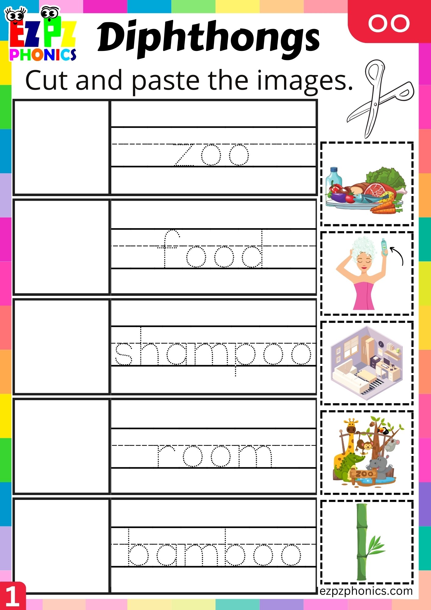 oo Diphthong Cut and Paste the Images Worksheet PDF Download